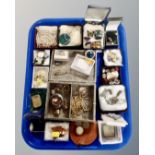 A tray containing assorted costume jewellery, a 9ct gold and seed pearl brooch,