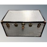 A metal bound trunk.