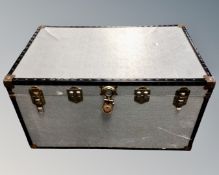 A metal bound trunk.