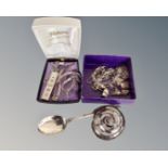 A collection of silver jewellery including ingot on chain and a silver teaspoon