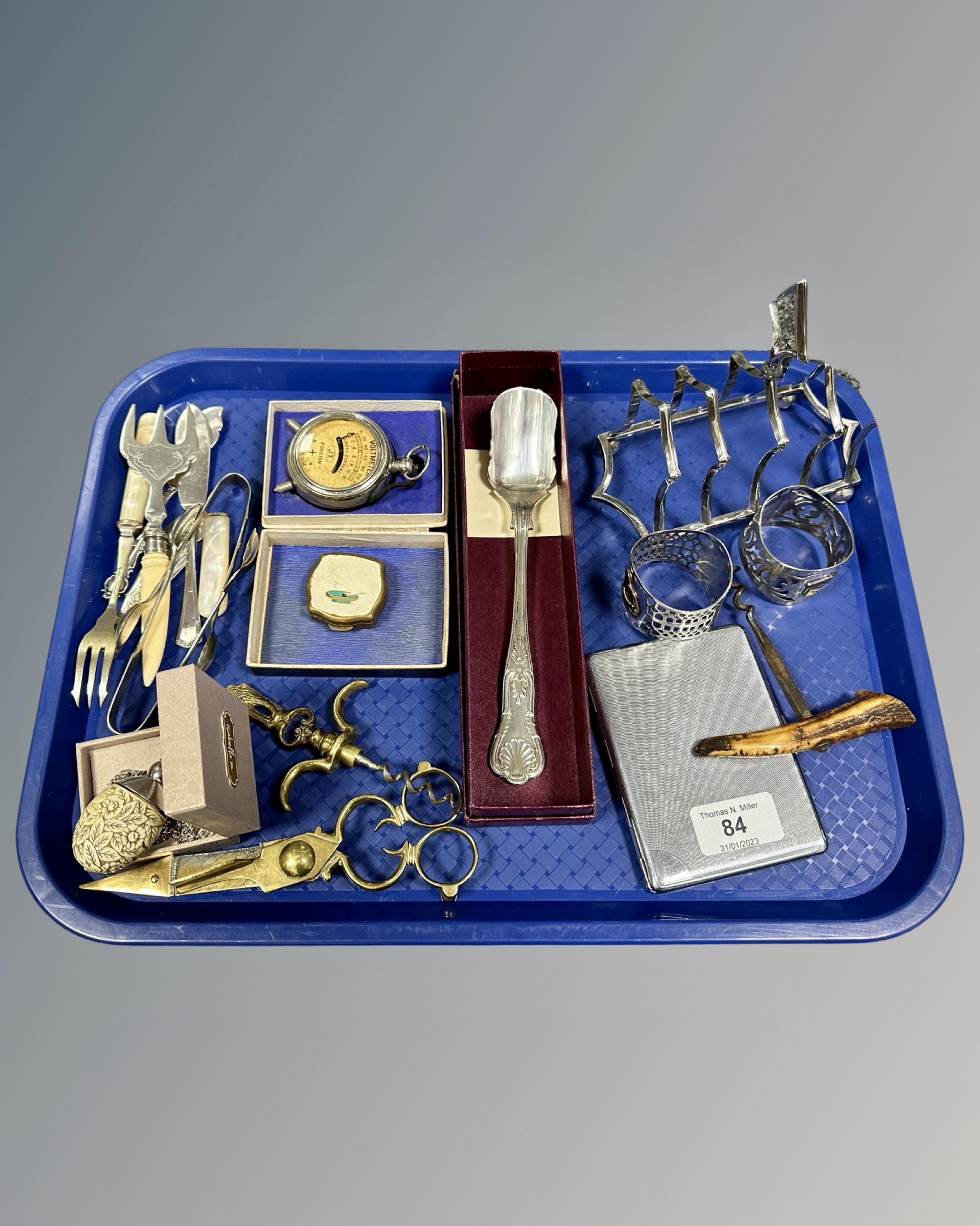 Assorted plated wares, vintage cork screws, plated cutlery and tongs,