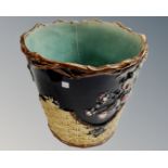 An antique Majolica plant pot (as found), height 24.