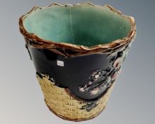 An antique Majolica plant pot (as found), height 24.