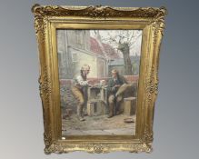 Alexander Rosell (1849 - 1922) : Two Gentleman in a yard alongside a rabbit hutch, oil on canvas,