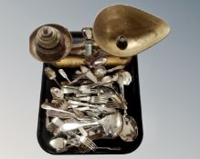 A tray containing a set of antique Avery scales with weights together with a quantity of antique