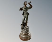 A 19th century French spelter figure of a boy blowing a horn after Ernest Rancoulet, height 51cm.