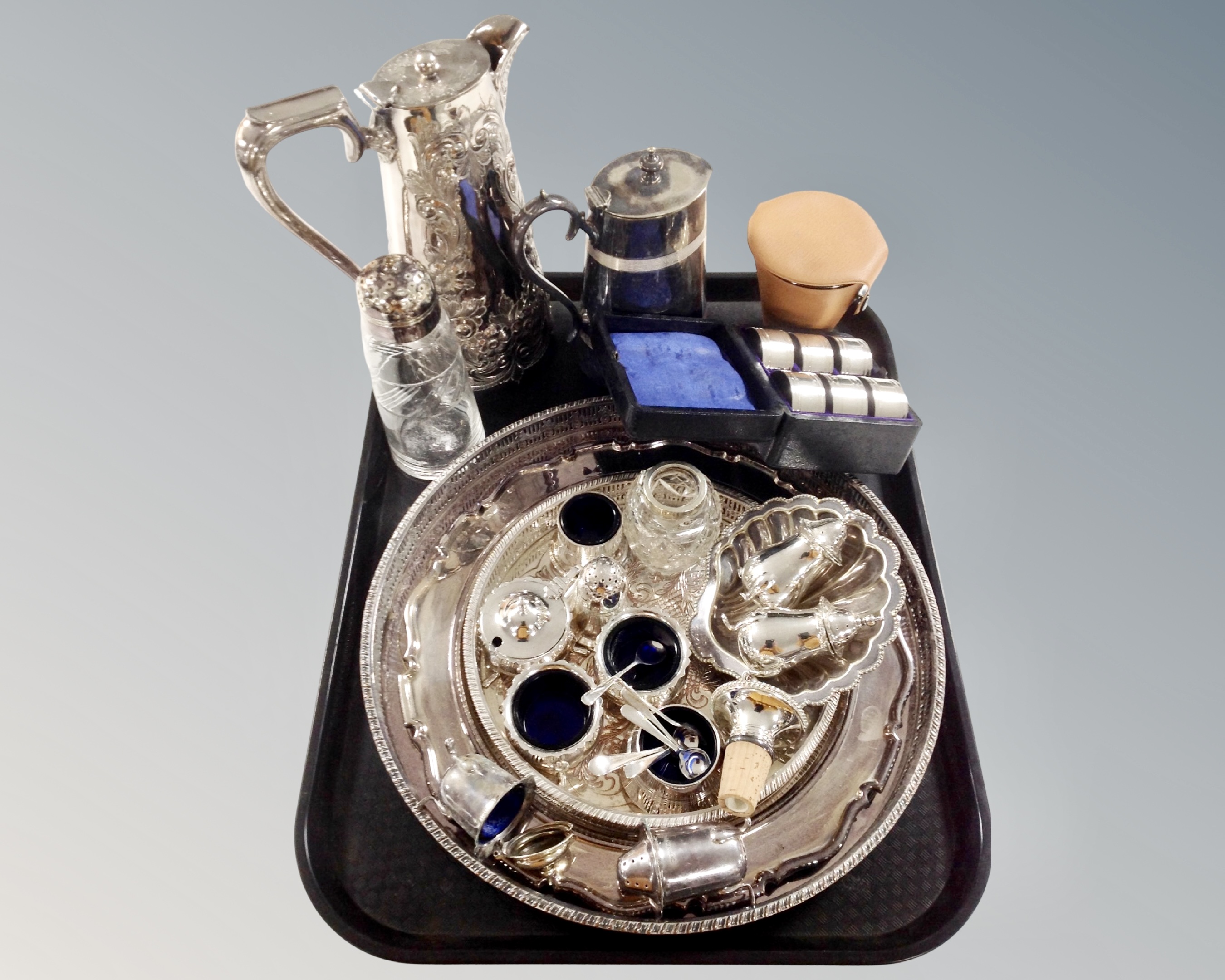 A tray containing antique and later plated wares including trays, cruet set, coffee pot,