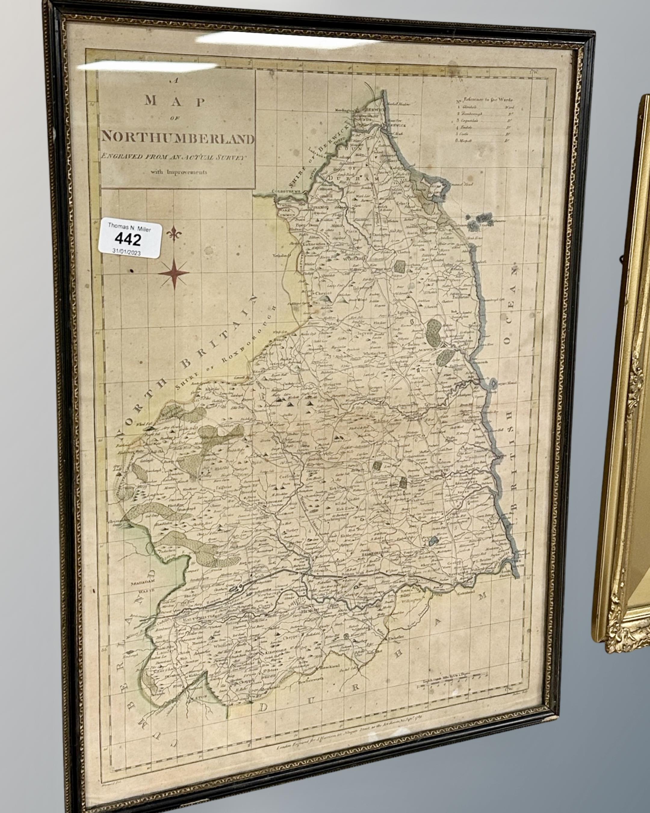 An 18th century hand coloured map of Northumberland, London engraved for J. Harrison, 35cm by 49cm.