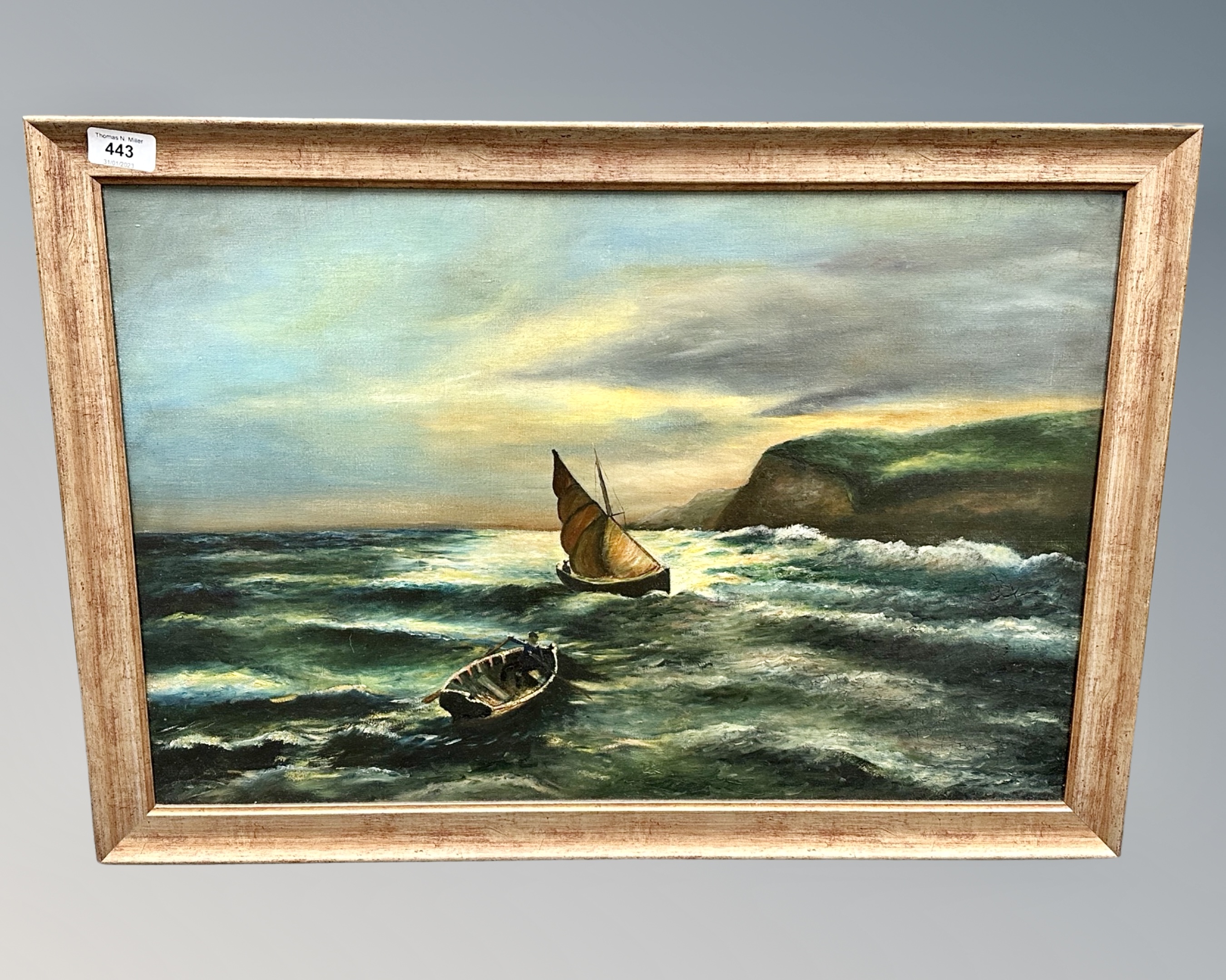 20th century school : Boats at sunset, oil on canvas, 60cm by 40cm.