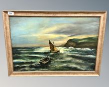 20th century school : Boats at sunset, oil on canvas, 60cm by 40cm.