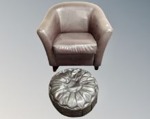 A stitched leather tub chair together with a leather footstool.