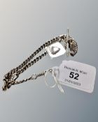 A silver double Albert chain with T-bar and fob, length 38 cm., 25g.