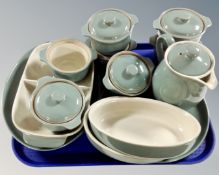 A tray containing 11 pieces of Denby pottery oven to tableware together with a coffee pot.