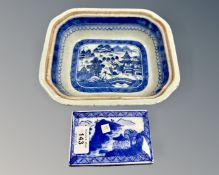 A Chinese blue and white lidded trinket pot and a further dish