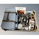 A box of camera bag, cameras including Canon T50,