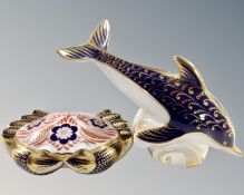 Two Royal Crown Derby dolphin and crab paperweights, no stoppers.
