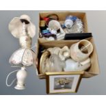 Two boxes containing Harvest oven and tableware, table lamps, Denby teapot etc.