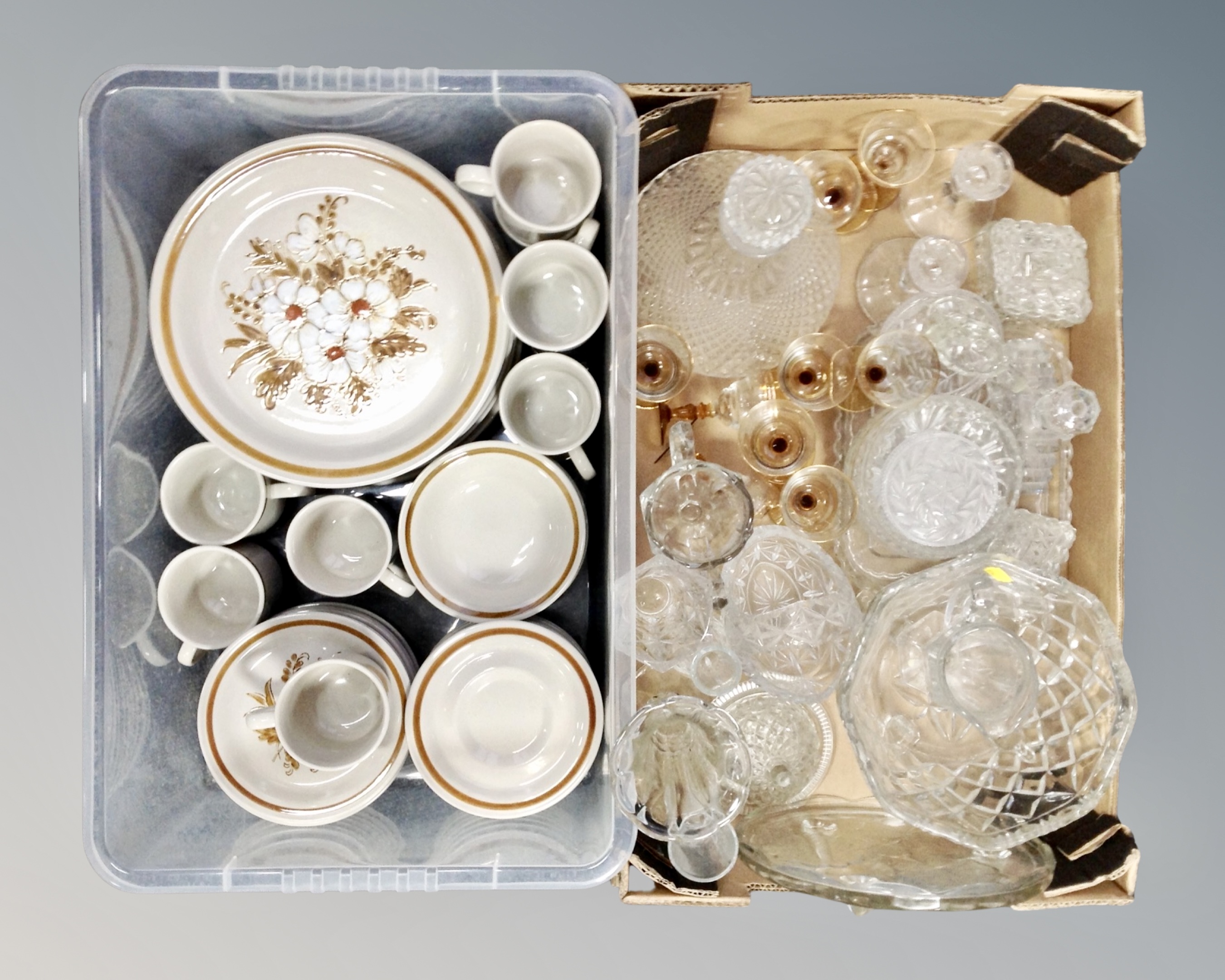 Two boxes containing Mountain Wood stoneware oven to table tea and dinner service,