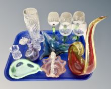 Assorted glass ware including wine glasses, art glass bowl, perfume bottle,