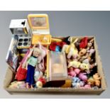 A box containing vintage and later toys including Cindy dolls, clothes and accessories,
