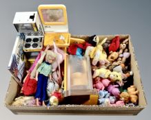 A box containing vintage and later toys including Cindy dolls, clothes and accessories,