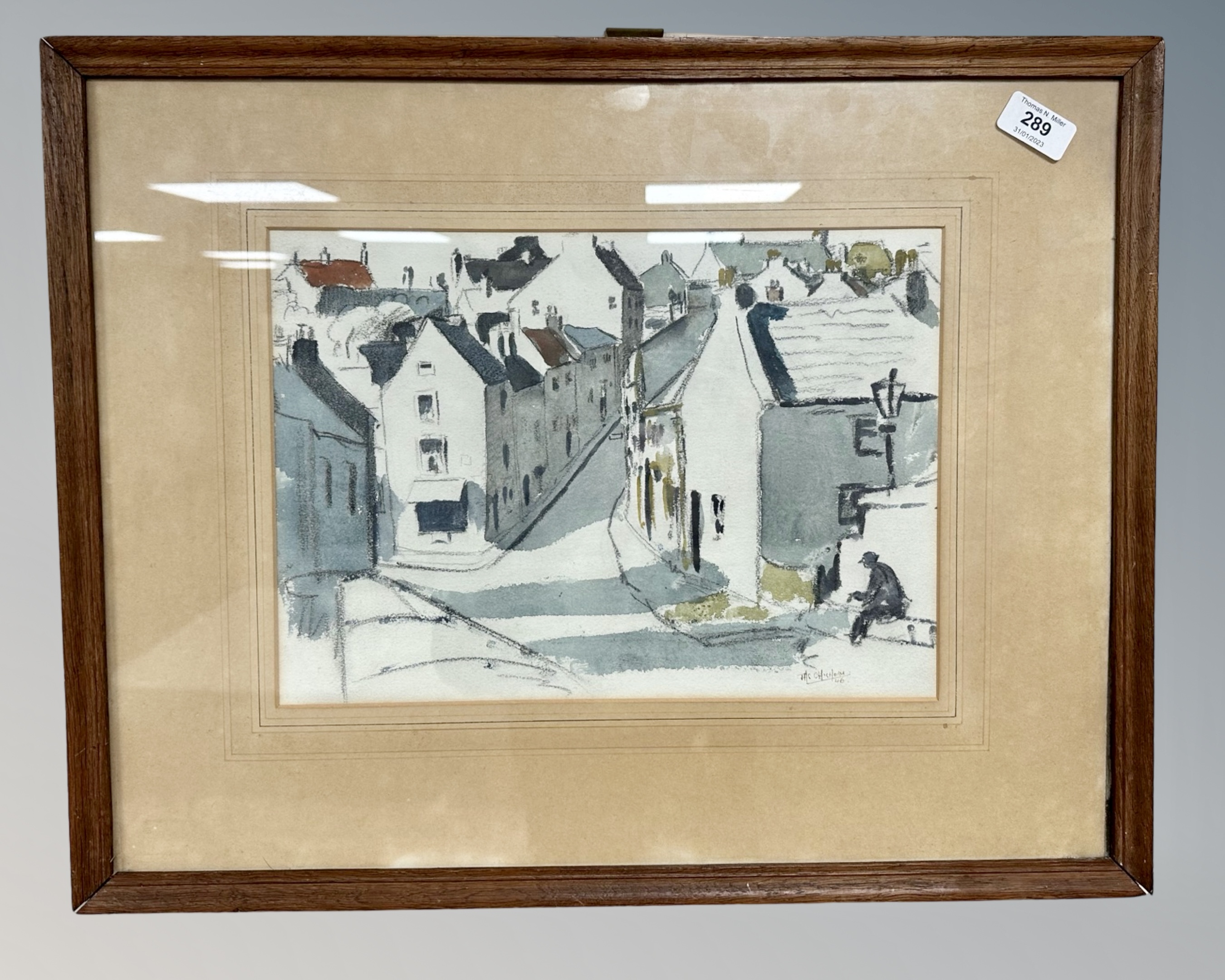 J. H. Chisholm : Figure in a street, watercolour drawing, signed and dated -46, 35cm by 25cm.