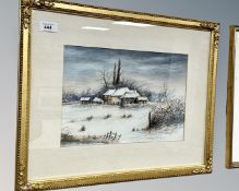 W. Faulkner : Farm buildings in snow, watercolour, 34cm by 24cm.