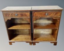 A pair of reproduction inlaid mahogany open shelves fitted with a drawer above.