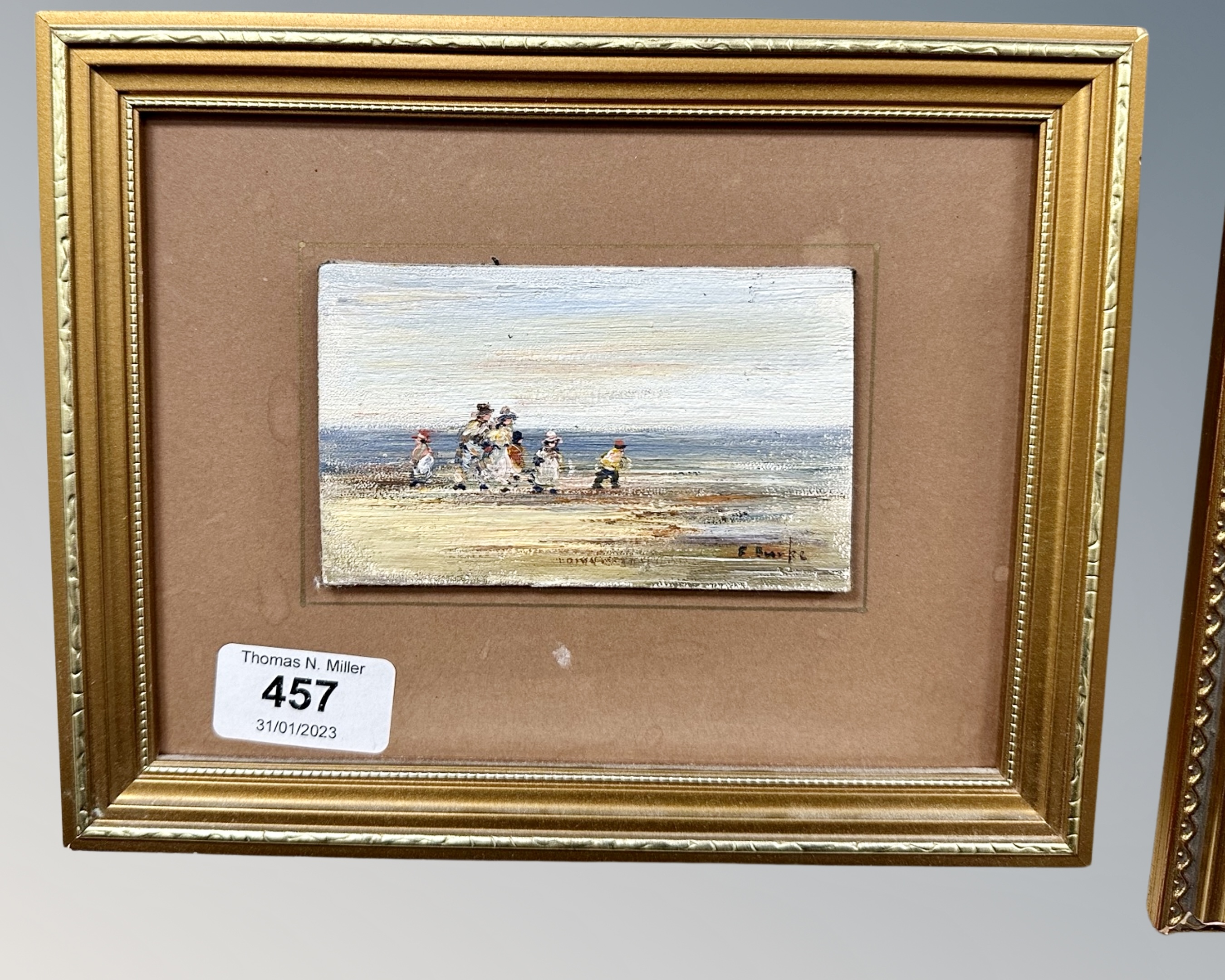 Frank Burke (British Contemporary) : Children on a shoreline, oil on board, 11cm by 7cm.