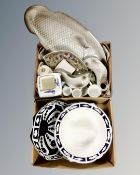 Two boxes containing assorted ceramics including French fish serving plate with two matching jugs,