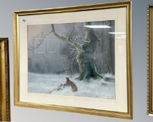 Nils Hans Christiansen (Danish, 1850 - 1922) : Fox stalking rabbits, oil painting, 39cm by 31cm.