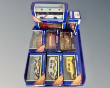 Nine Corgi die cast vehicles to include : coaches, emergency vehicles, London scene, etc,