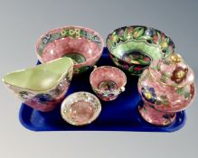 A tray containing six pieces of Maling lustre ware including tulip patterned bowl, peony rose dish,