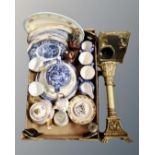 A box containing tea china, Ringtons chintz ware, a brass framed Art Deco style table mirror,