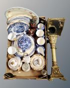 A box containing tea china, Ringtons chintz ware, a brass framed Art Deco style table mirror,