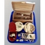 A tray containing a 20th century walnut trinket box containing lady's and gent's wristwatches,