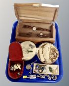 A tray containing a 20th century walnut trinket box containing lady's and gent's wristwatches,