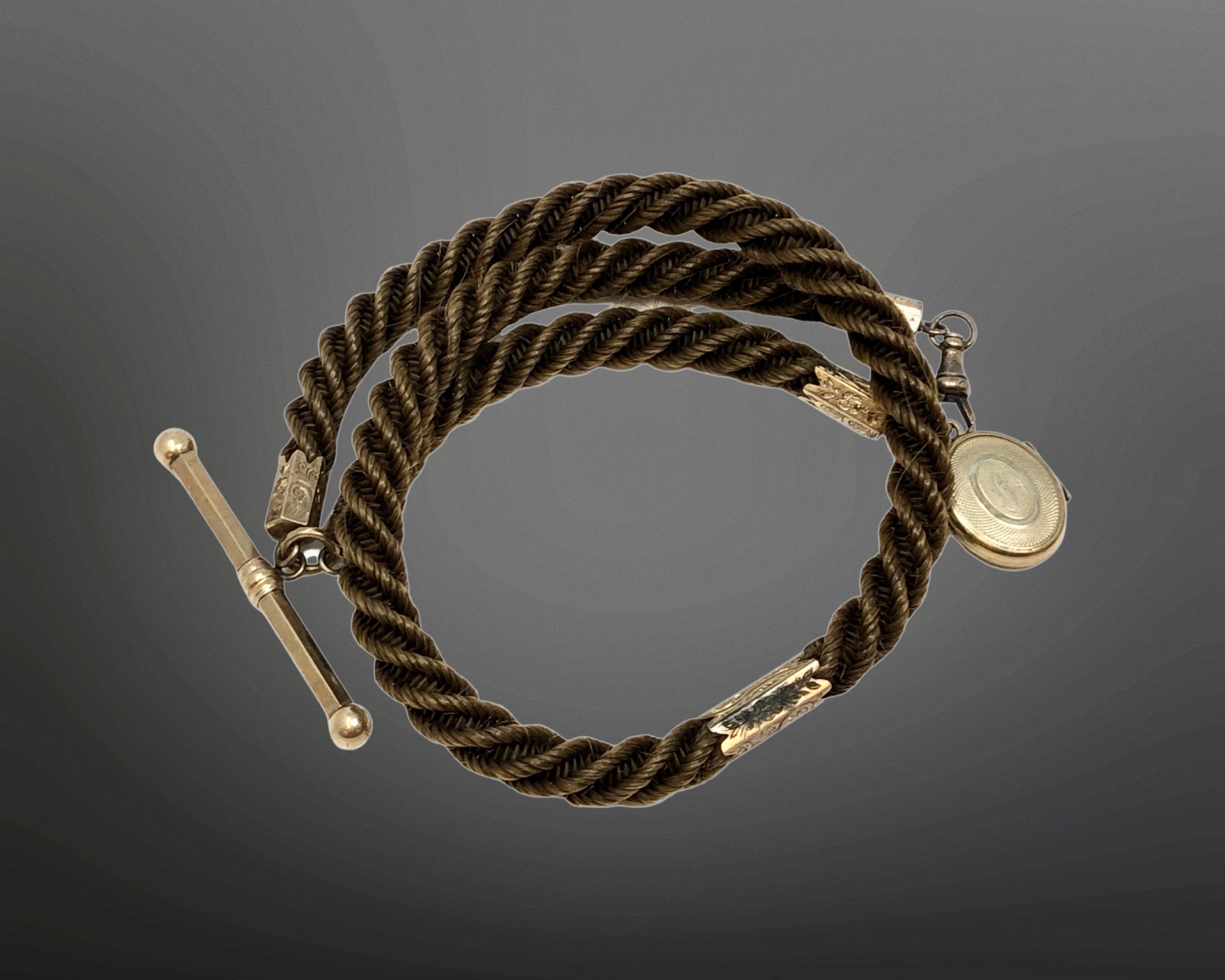 An antique hair Albert chain with gold T-bar, dog-catch and fittings.