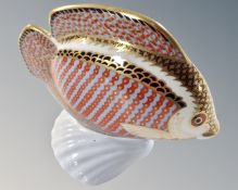 A Royal Crown Derby tropical fish paperweight with silver stopper.
