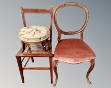 A Victorian mahogany dining chair on cabriole legs together with an inlaid mahogany footstool and
