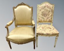 A cream and gilt French style open armchair together with similar dining chair (2)