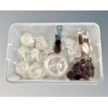 A box containing 20th century glassware including trinket set, coloured glass vases etc.