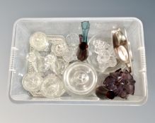 A box containing 20th century glassware including trinket set, coloured glass vases etc.