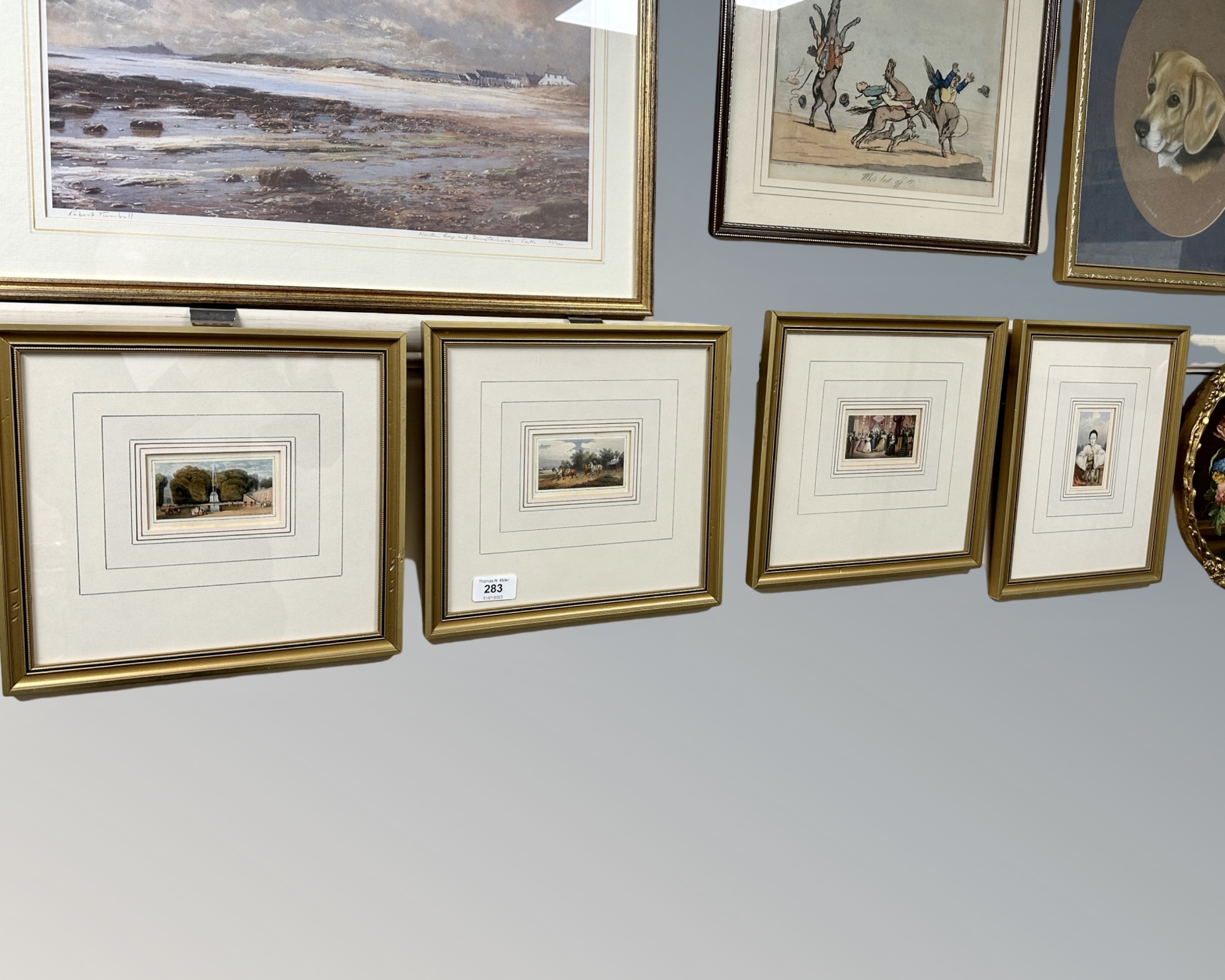 Four 19th century hand finished miniatures depicting figures and landscapes,