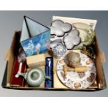 A box of ceramics : Wedgwood Jasperware teapot, Royal Worcester pickle fork, Grafton cake slice,