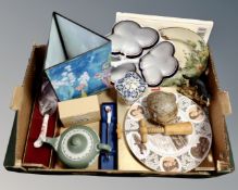 A box of ceramics : Wedgwood Jasperware teapot, Royal Worcester pickle fork, Grafton cake slice,