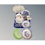 A tray of coronation mug, glass ware, Carlton Ware leaf dish, Maling willow pattern fruit bowl,