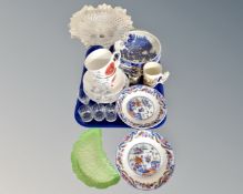 A tray of coronation mug, glass ware, Carlton Ware leaf dish, Maling willow pattern fruit bowl,