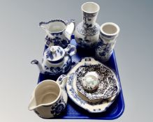 A tray containing antique and later ceramics including willow pattern teapot, Mason's ironstone jug,
