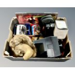 A box containing boxed vintage Star Wars mugs and Return of the Jedi annuals, vintage cameras,